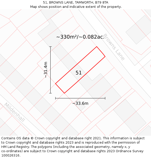 51, BROWNS LANE, TAMWORTH, B79 8TA: Plot and title map