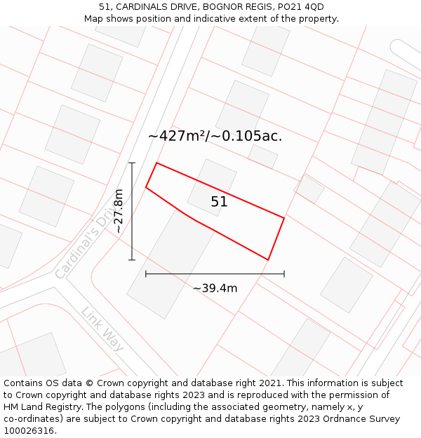 51, CARDINALS DRIVE, BOGNOR REGIS, PO21 4QD: Plot and title map