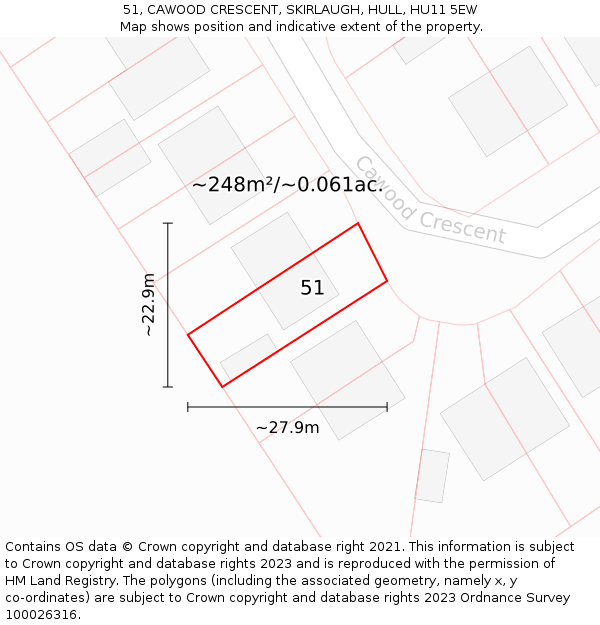 51, CAWOOD CRESCENT, SKIRLAUGH, HULL, HU11 5EW: Plot and title map