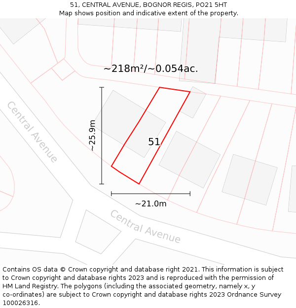 51, CENTRAL AVENUE, BOGNOR REGIS, PO21 5HT: Plot and title map