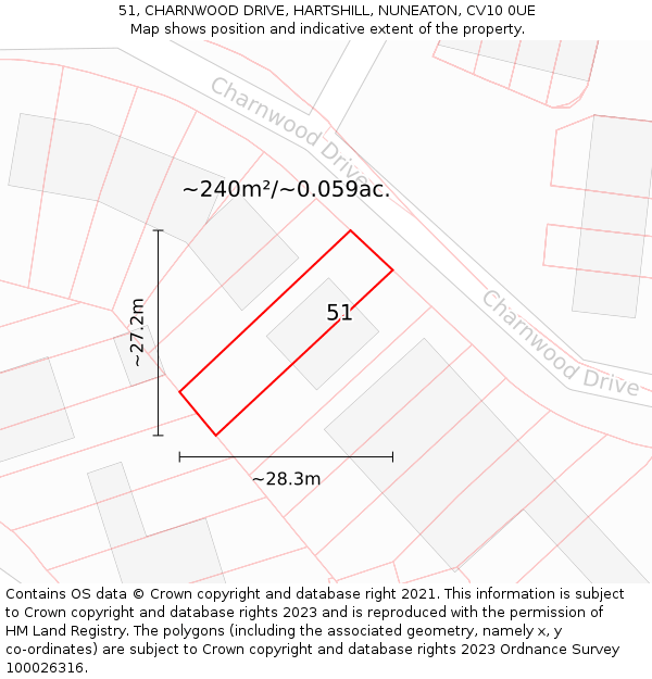 51, CHARNWOOD DRIVE, HARTSHILL, NUNEATON, CV10 0UE: Plot and title map