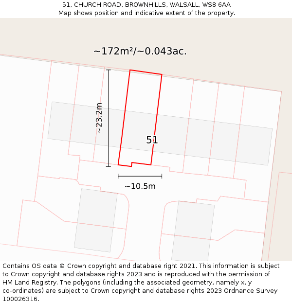 51, CHURCH ROAD, BROWNHILLS, WALSALL, WS8 6AA: Plot and title map