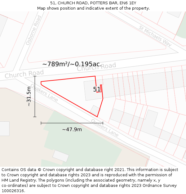 51, CHURCH ROAD, POTTERS BAR, EN6 1EY: Plot and title map