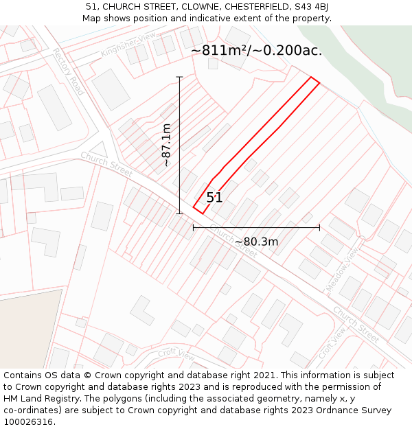 51, CHURCH STREET, CLOWNE, CHESTERFIELD, S43 4BJ: Plot and title map