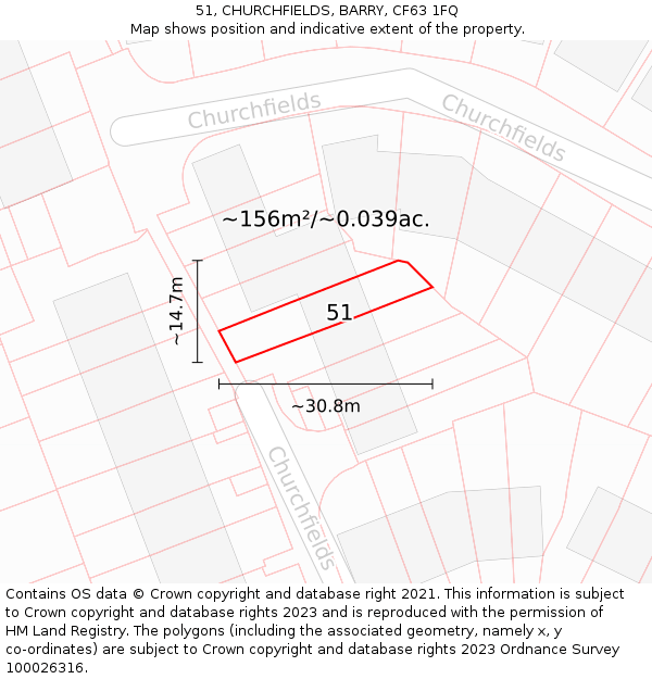 51, CHURCHFIELDS, BARRY, CF63 1FQ: Plot and title map