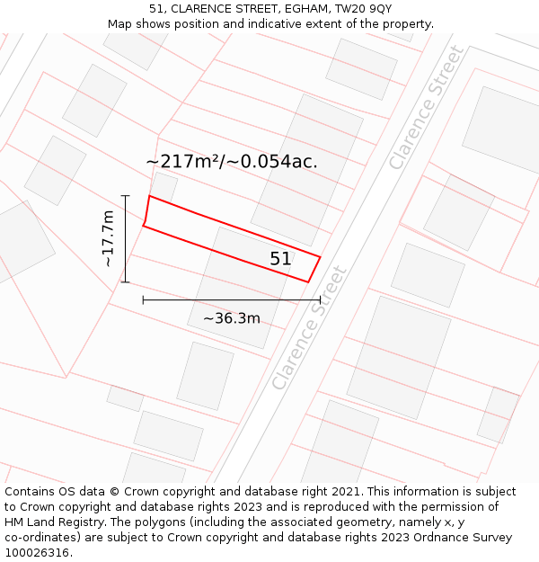 51, CLARENCE STREET, EGHAM, TW20 9QY: Plot and title map