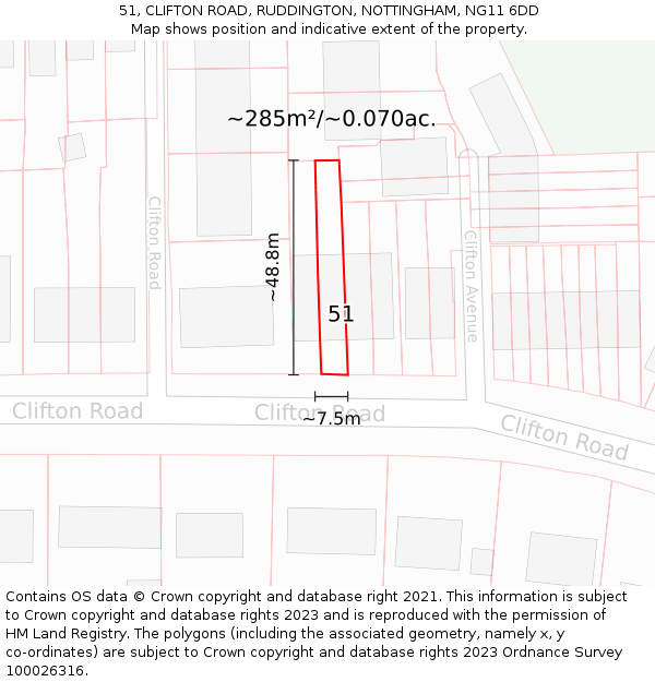 51, CLIFTON ROAD, RUDDINGTON, NOTTINGHAM, NG11 6DD: Plot and title map