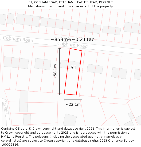 51, COBHAM ROAD, FETCHAM, LEATHERHEAD, KT22 9HT: Plot and title map