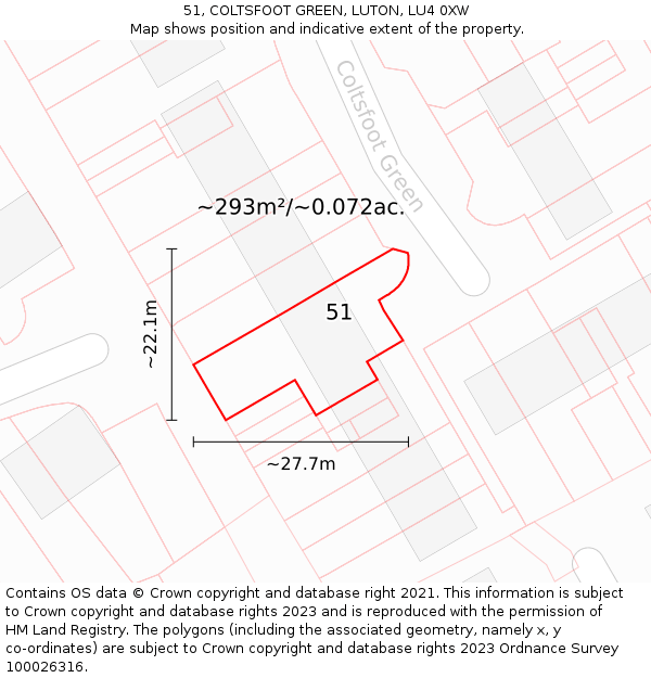 51, COLTSFOOT GREEN, LUTON, LU4 0XW: Plot and title map