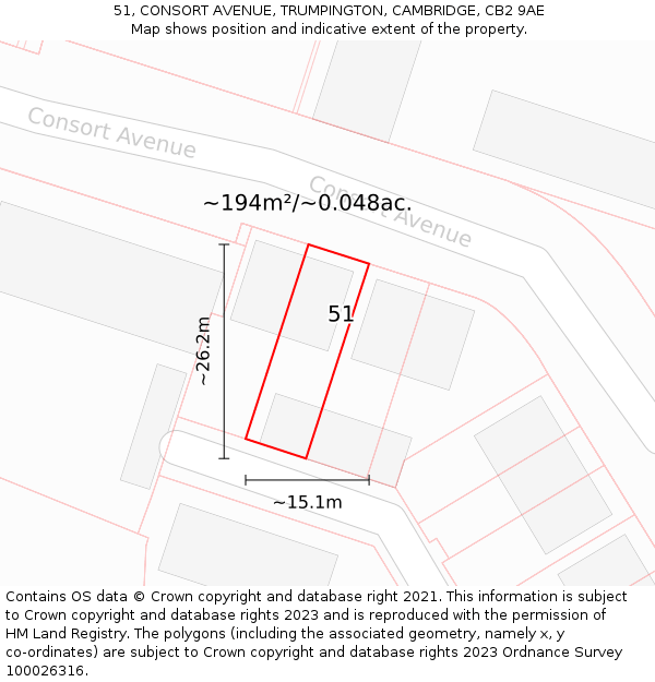 51, CONSORT AVENUE, TRUMPINGTON, CAMBRIDGE, CB2 9AE: Plot and title map