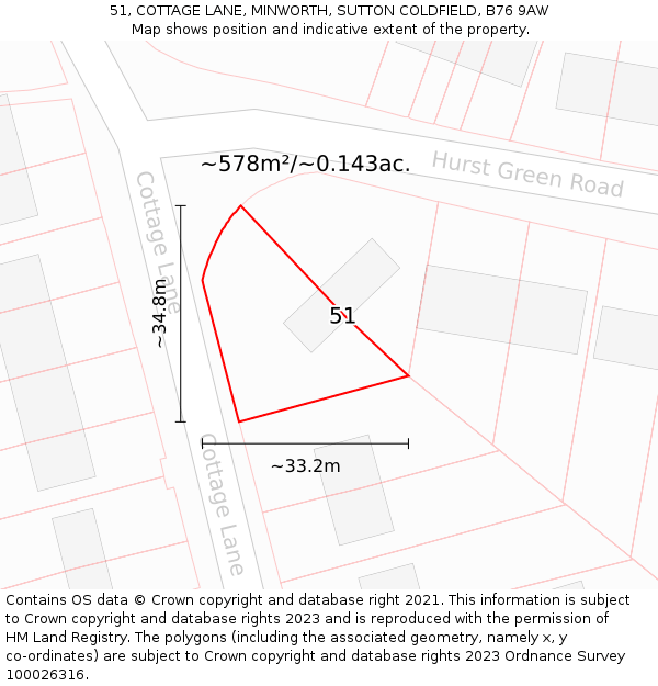 51, COTTAGE LANE, MINWORTH, SUTTON COLDFIELD, B76 9AW: Plot and title map