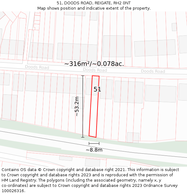 51, DOODS ROAD, REIGATE, RH2 0NT: Plot and title map