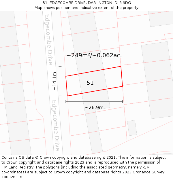 51, EDGECOMBE DRIVE, DARLINGTON, DL3 9DG: Plot and title map