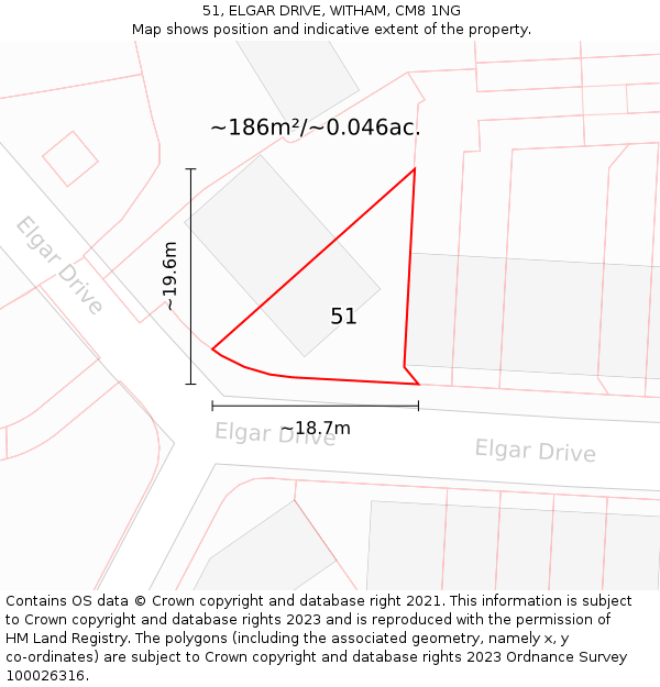 51, ELGAR DRIVE, WITHAM, CM8 1NG: Plot and title map