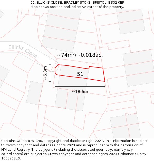 51, ELLICKS CLOSE, BRADLEY STOKE, BRISTOL, BS32 0EP: Plot and title map