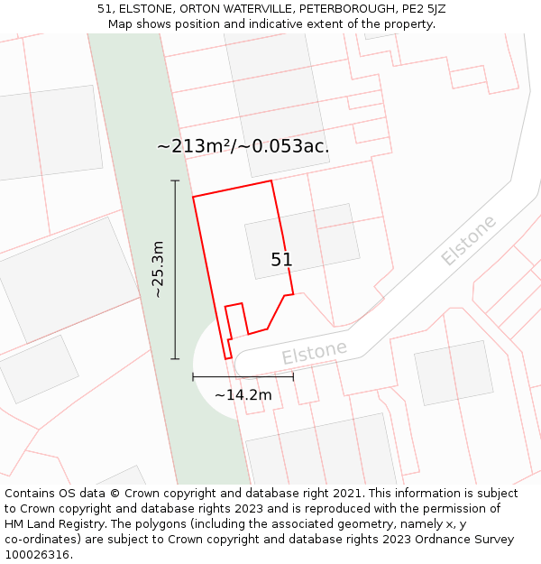 51, ELSTONE, ORTON WATERVILLE, PETERBOROUGH, PE2 5JZ: Plot and title map