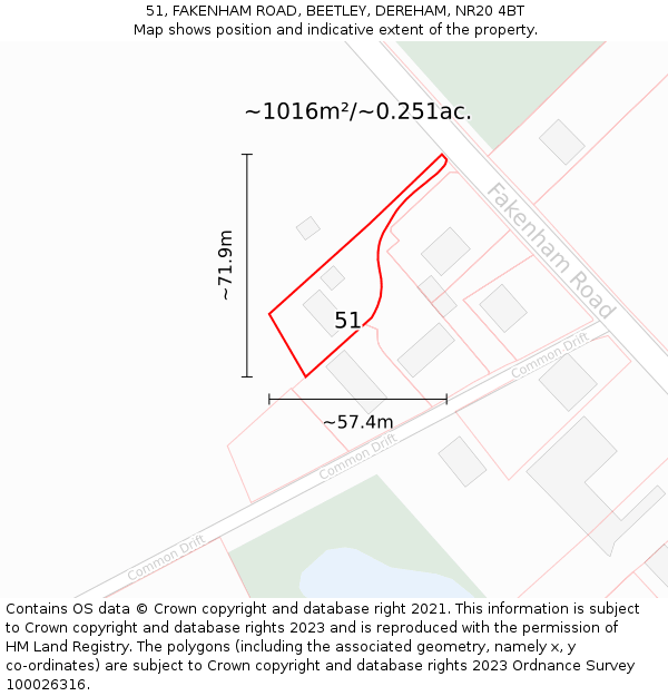 51, FAKENHAM ROAD, BEETLEY, DEREHAM, NR20 4BT: Plot and title map