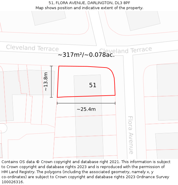 51, FLORA AVENUE, DARLINGTON, DL3 8PF: Plot and title map