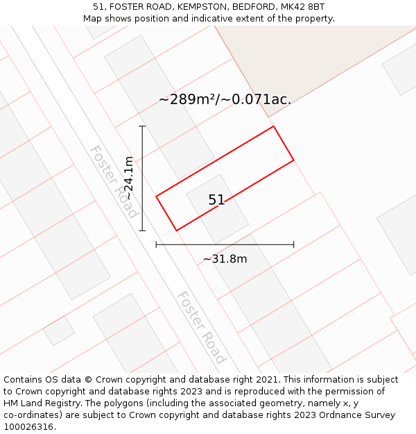 51, FOSTER ROAD, KEMPSTON, BEDFORD, MK42 8BT: Plot and title map