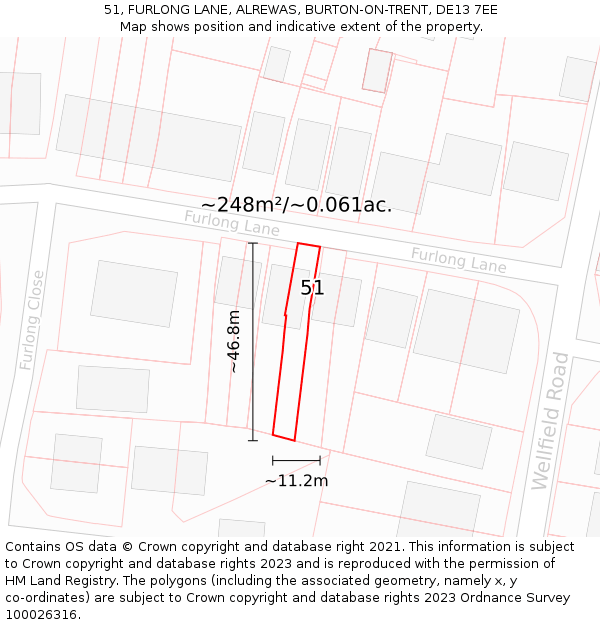 51, FURLONG LANE, ALREWAS, BURTON-ON-TRENT, DE13 7EE: Plot and title map