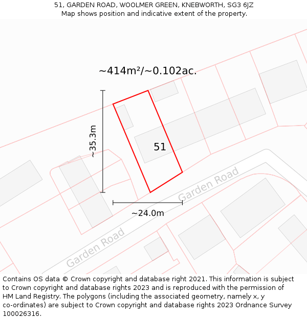 51, GARDEN ROAD, WOOLMER GREEN, KNEBWORTH, SG3 6JZ: Plot and title map