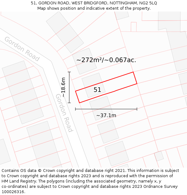 51, GORDON ROAD, WEST BRIDGFORD, NOTTINGHAM, NG2 5LQ: Plot and title map