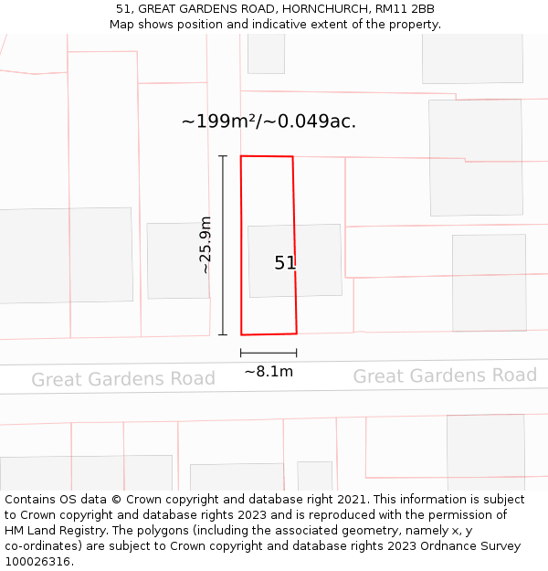 51, GREAT GARDENS ROAD, HORNCHURCH, RM11 2BB: Plot and title map