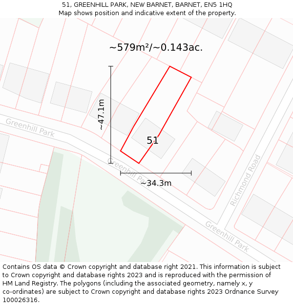 51, GREENHILL PARK, NEW BARNET, BARNET, EN5 1HQ: Plot and title map