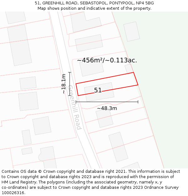 51, GREENHILL ROAD, SEBASTOPOL, PONTYPOOL, NP4 5BG: Plot and title map