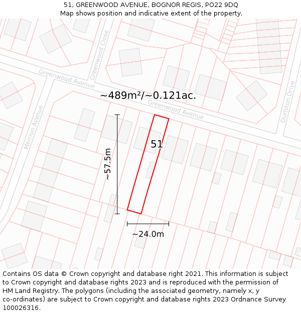 51, GREENWOOD AVENUE, BOGNOR REGIS, PO22 9DQ: Plot and title map