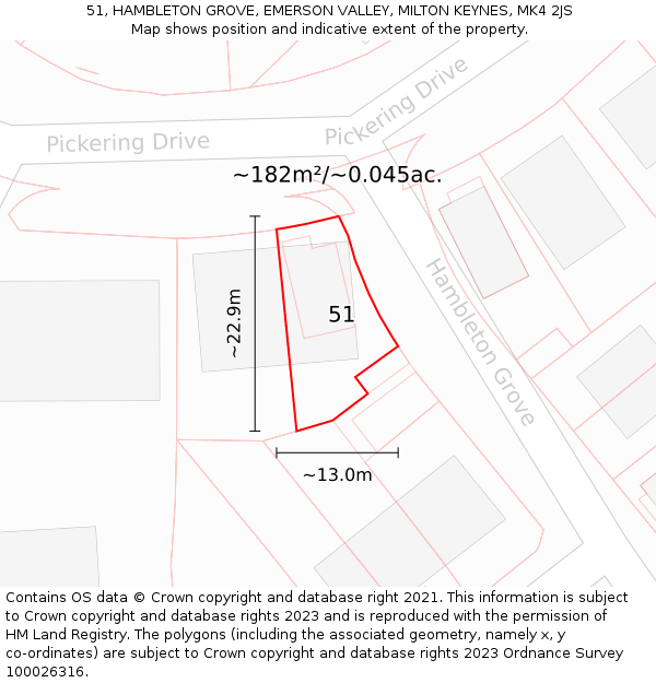 51, HAMBLETON GROVE, EMERSON VALLEY, MILTON KEYNES, MK4 2JS: Plot and title map