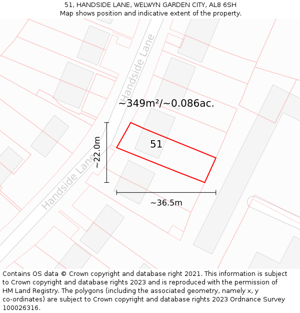 51, HANDSIDE LANE, WELWYN GARDEN CITY, AL8 6SH: Plot and title map