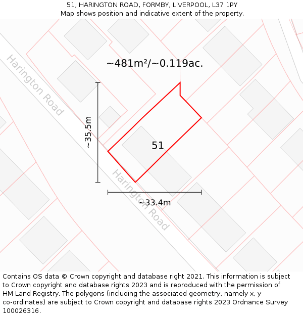 51, HARINGTON ROAD, FORMBY, LIVERPOOL, L37 1PY: Plot and title map
