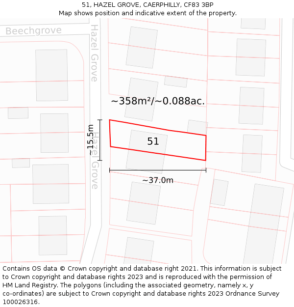 51, HAZEL GROVE, CAERPHILLY, CF83 3BP: Plot and title map