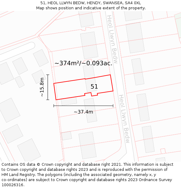 51, HEOL LLWYN BEDW, HENDY, SWANSEA, SA4 0XL: Plot and title map