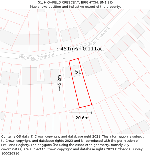 51, HIGHFIELD CRESCENT, BRIGHTON, BN1 8JD: Plot and title map