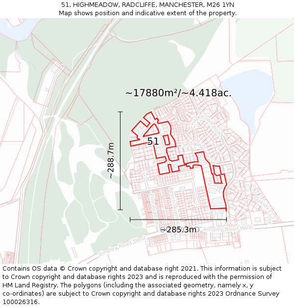 51, HIGHMEADOW, RADCLIFFE, MANCHESTER, M26 1YN: Plot and title map