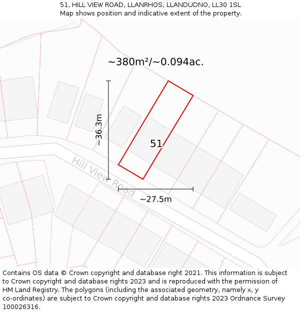 51, HILL VIEW ROAD, LLANRHOS, LLANDUDNO, LL30 1SL: Plot and title map