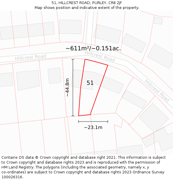 51, HILLCREST ROAD, PURLEY, CR8 2JF: Plot and title map