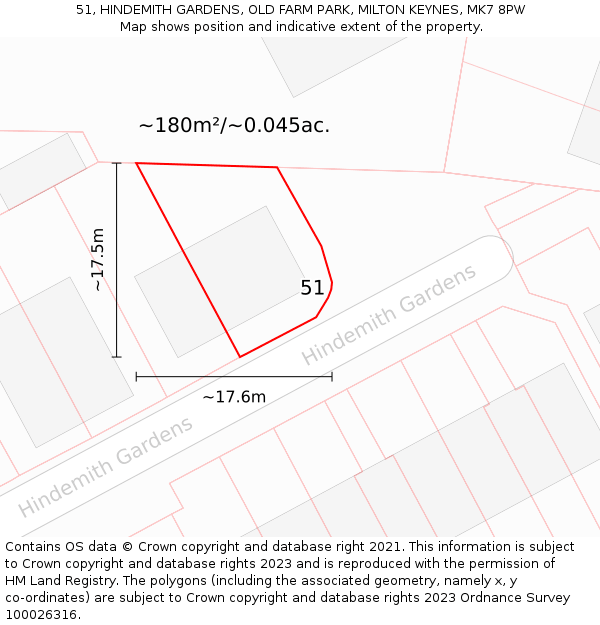 51, HINDEMITH GARDENS, OLD FARM PARK, MILTON KEYNES, MK7 8PW: Plot and title map