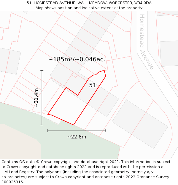 51, HOMESTEAD AVENUE, WALL MEADOW, WORCESTER, WR4 0DA: Plot and title map