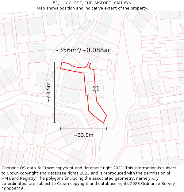 51, LILY CLOSE, CHELMSFORD, CM1 6YN: Plot and title map