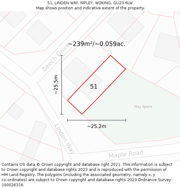 51, LINDEN WAY, RIPLEY, WOKING, GU23 6LW: Plot and title map