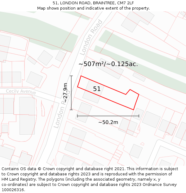 51, LONDON ROAD, BRAINTREE, CM7 2LF: Plot and title map