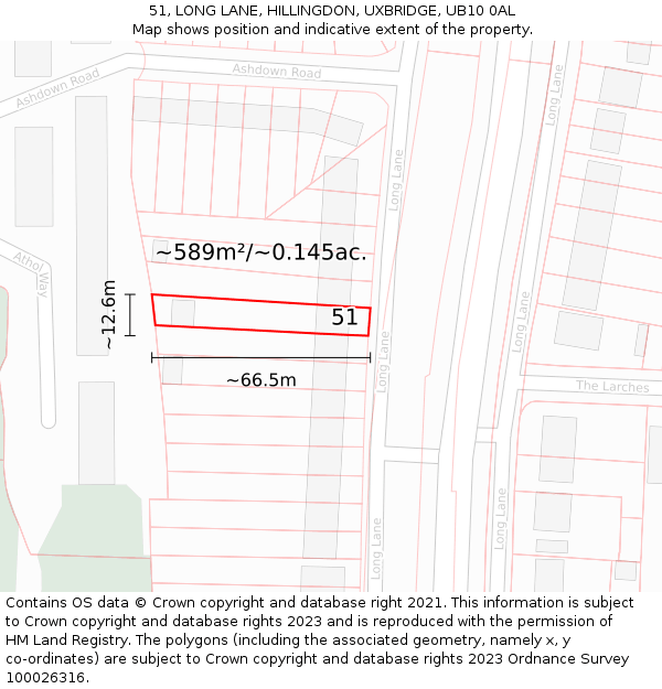 51, LONG LANE, HILLINGDON, UXBRIDGE, UB10 0AL: Plot and title map