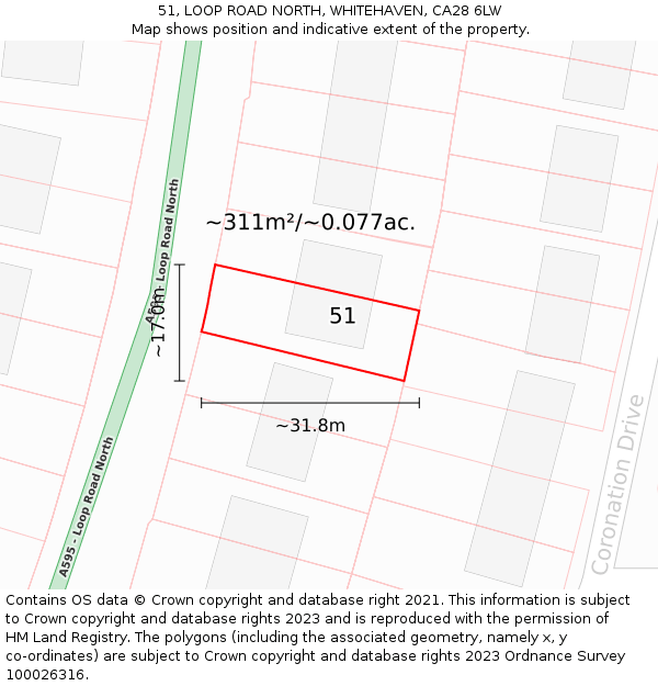 51, LOOP ROAD NORTH, WHITEHAVEN, CA28 6LW: Plot and title map