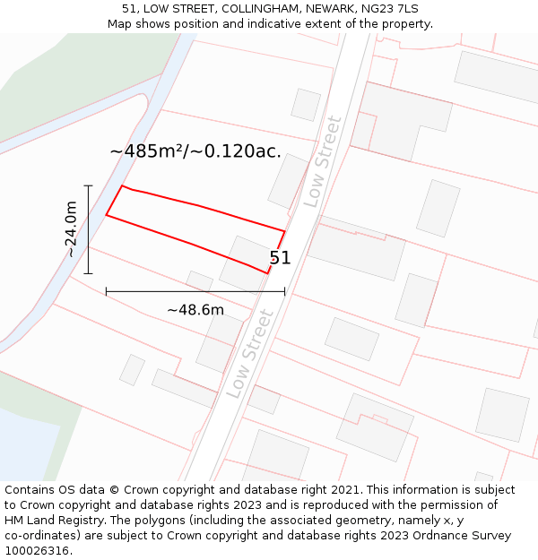 51, LOW STREET, COLLINGHAM, NEWARK, NG23 7LS: Plot and title map