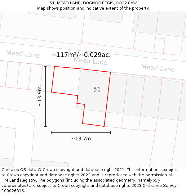 51, MEAD LANE, BOGNOR REGIS, PO22 8AW: Plot and title map