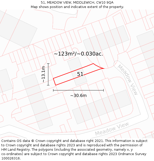 51, MEADOW VIEW, MIDDLEWICH, CW10 9QA: Plot and title map