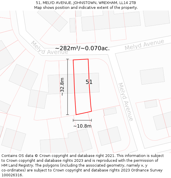 51, MELYD AVENUE, JOHNSTOWN, WREXHAM, LL14 2TB: Plot and title map